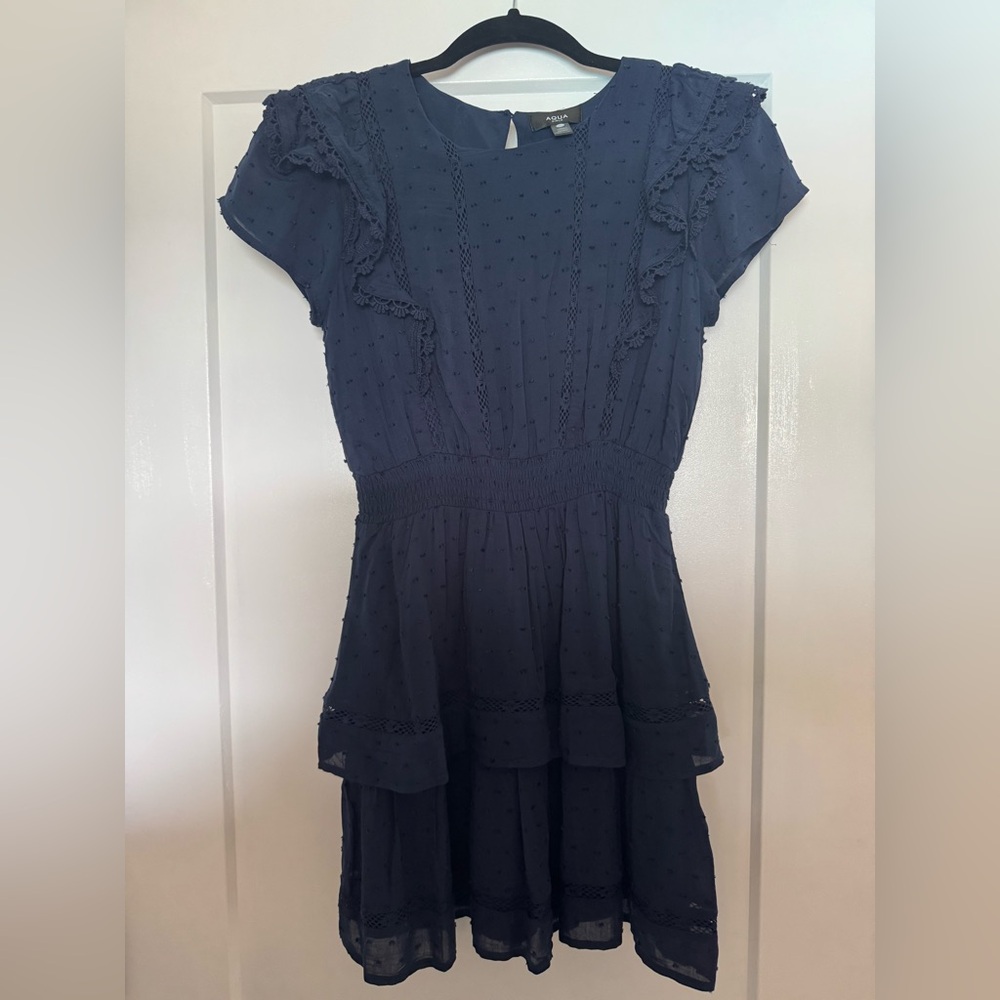 Aqua Girls Navy Blue Eyelet Ruffle Dress size 10/12 L NWOT NEVER WORN